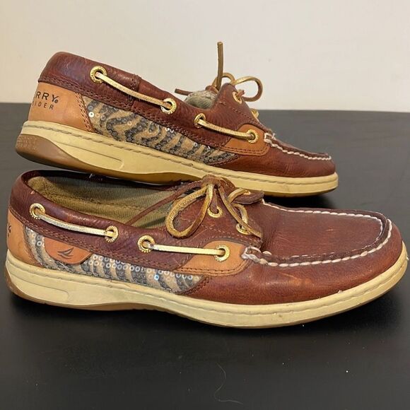 Sperry Womens Top Sider Boat Shoes Loafer Tiger Print Moc Toe Brown Size 6.5 - Picture 2 of 10